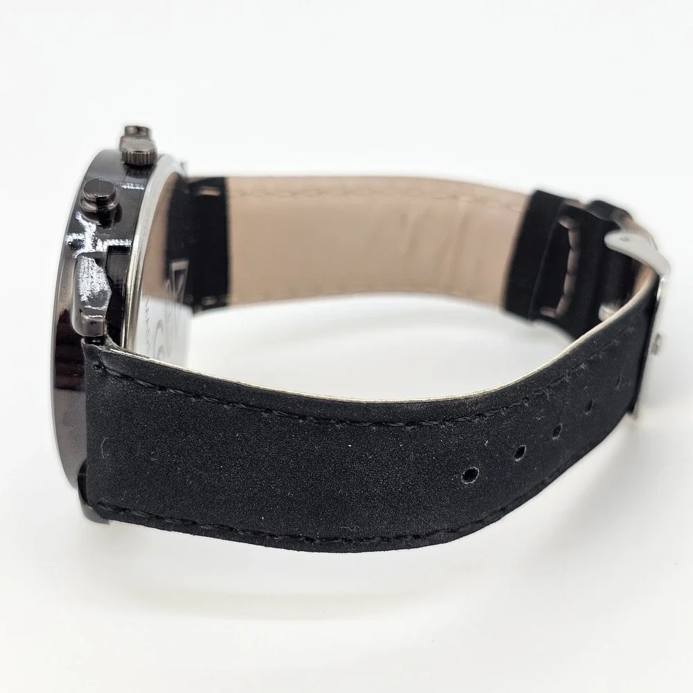 Men's Analog Watch 41MM Black Dial Date Black Faux‎ Leather Bands New Battery